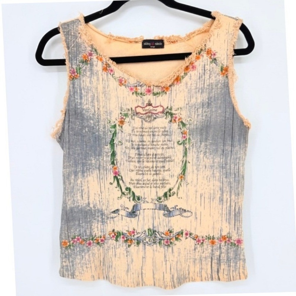 Skinny Minnie Cottagecore French Poem Verlaine Floral Graphic Tank Top L Festiva